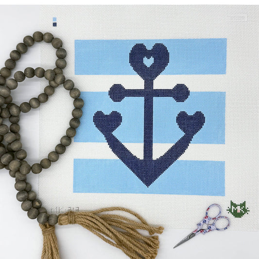 LARGE HEART ANCHOR NEEDLEPOINT CANVAS WITH BLUE STRIPES