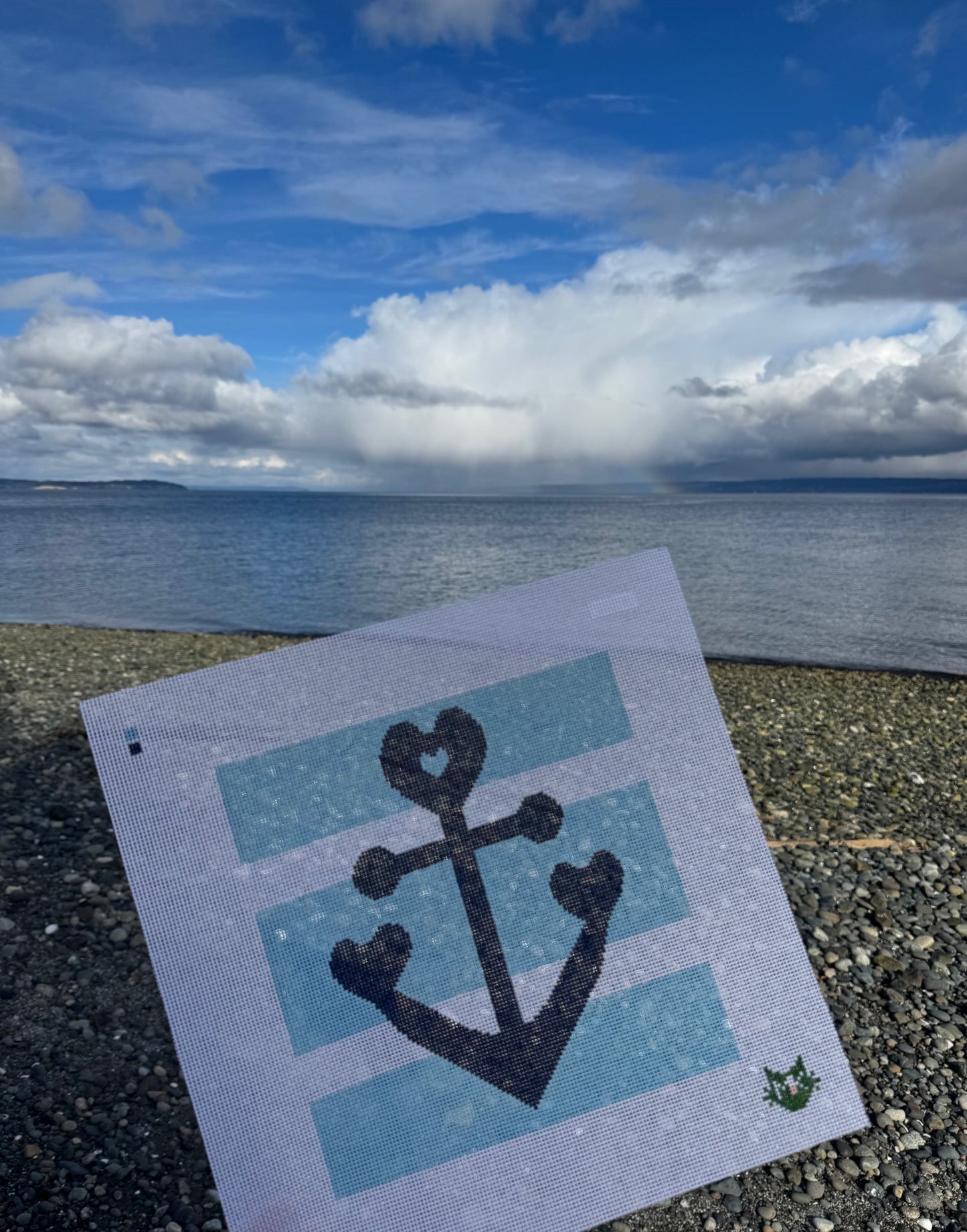 LARGE HEART ANCHOR NEEDLEPOINT CANVAS WITH BLUE STRIPES