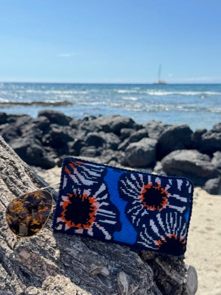 POPPY SUNGLASS CASE / CLUTCH WITH BLUE BACKGROUND