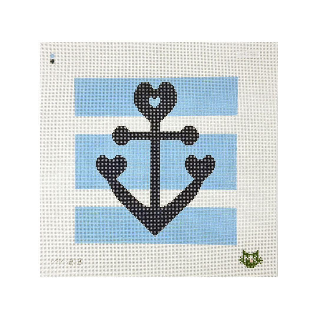 LARGE HEART ANCHOR NEEDLEPOINT CANVAS WITH BLUE STRIPES