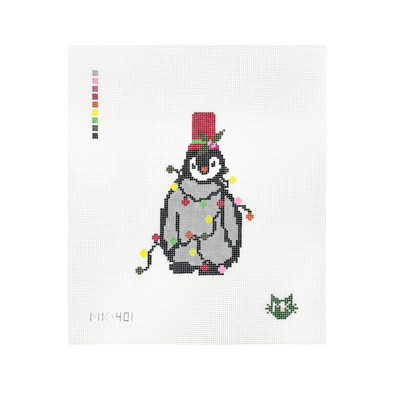 PENGUIN IN CHRISTMAS LIGHTS NEEDLEPOINT CANVAS