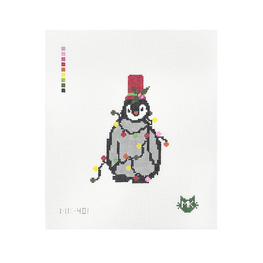 PENGUIN IN CHRISTMAS LIGHTS NEEDLEPOINT CANVAS