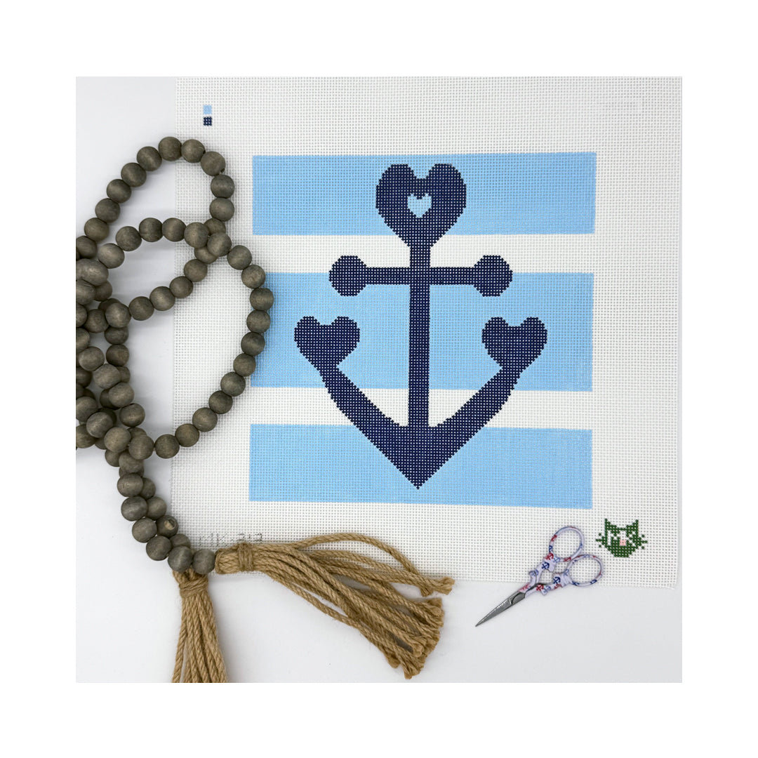 LARGE HEART ANCHOR NEEDLEPOINT CANVAS WITH BLUE STRIPES