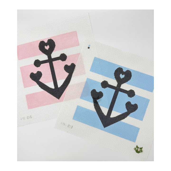 LARGE HEART ANCHOR NEEDLEPOINT CANVAS WITH BLUE STRIPES